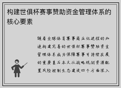构建世俱杯赛事赞助资金管理体系的核心要素